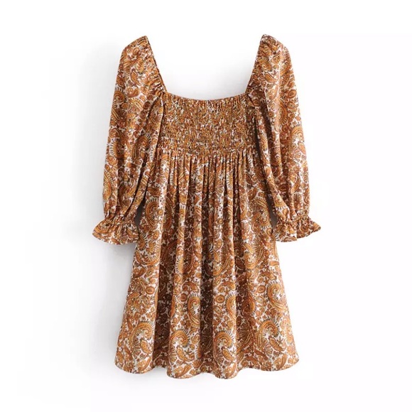 Retro Paisley Square Neck Smocked Boho Mini Dress - Picture 2 of 14